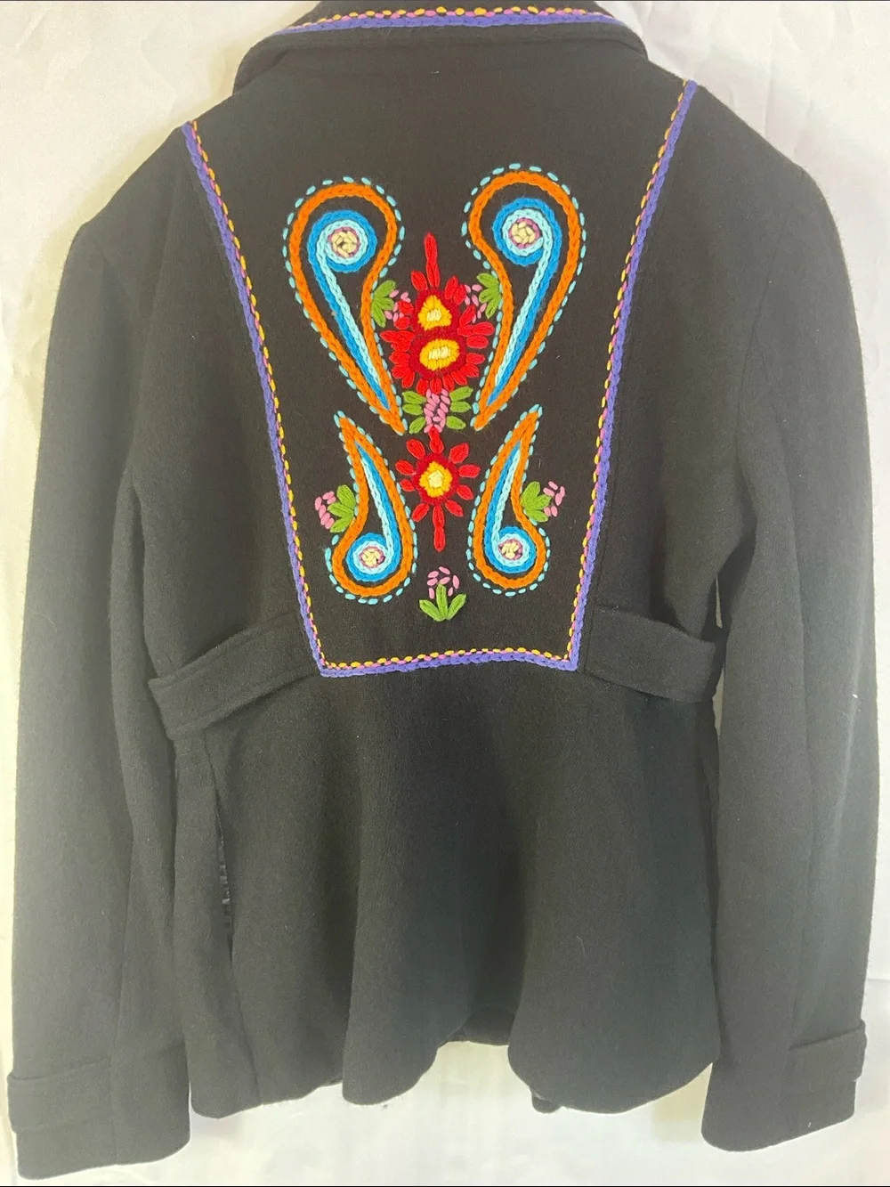 Vintage Free People Embroidered Wool Pea Coat with Pockets Size Medium
